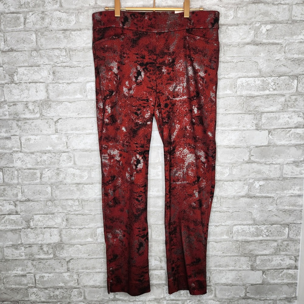 Chicos Brigitte Slim Leg Pants Red Black Silver Abstract Modern Edgy Size 8R